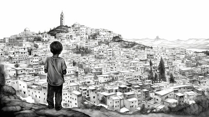 Sketch of a kid standing on a hill saw the city with Islamic architecture