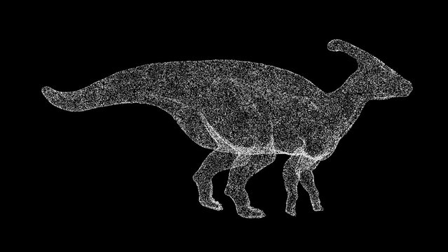 3D dinosaur Parasaurolophus on black background. Object made of shimmering particles. Wild animals concept. For title, text, presentation. 3d animation.