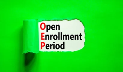 Deurstickers OEP symbol. Concept words OEP Open enrollment period on beautiful white paper. Beautiful green table green background. Medical and OEP Open enrollment period concept. Copy space. © Dzmitry