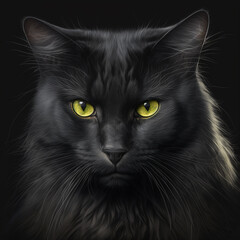 Black cat on black background with bright yellow eyes.