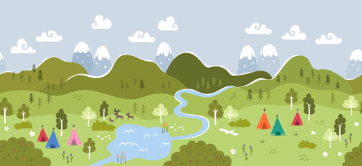 Cute hand drawn map with mountains, tents, trees, hills. Simple illustrated landscape, adventure - great for banners, wallpapers, cards. 