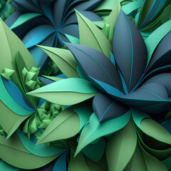 Teal and blue flowers with green stems and leaves.