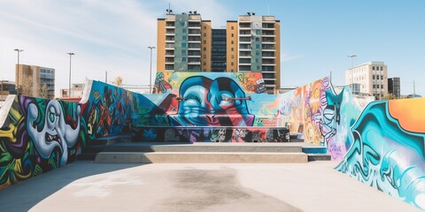 A skate park adorned with vibrant murals, fusing urban sports and street art in a dynamic public space, concept of Community engagement, created with Generative AI technology