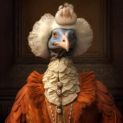 Realistic lifelike dodo bird in renaissance regal medieval noble royal outfits, commercial, editorial advertisement, surreal surrealism. 18th-century historical