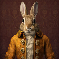 Realistic lifelike rabbit hare bunny in renaissance regal medieval noble royal outfits, commercial, editorial advertisement, surreal surrealism. 18th-century historical. 