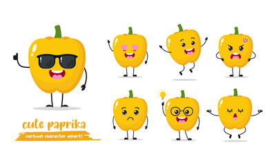 yellow paprika cartoon with many expressions. different vegetable activity vector illustration flat design. smart paprika for children story book.