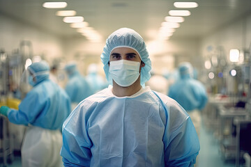 Isolation room with a healthcare worker wearing protective gear, Generative AI