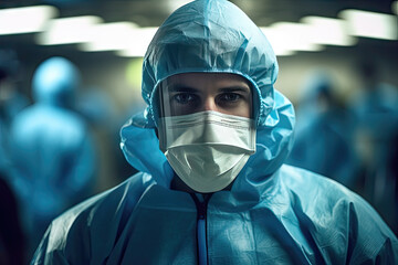 Isolation room with a healthcare worker wearing protective gear, Generative AI