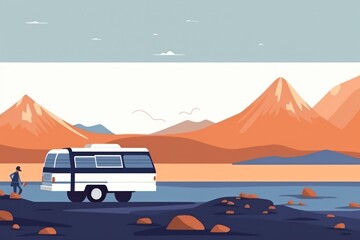 a van parked in natural background view with mountains on sunset, family road trip by caravan rv
