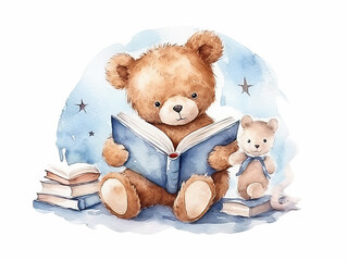 Cute teddy bear reads book on the moon; watercolor hand drawn illustration; can be used for baby shower or kid poster; with white isolated background