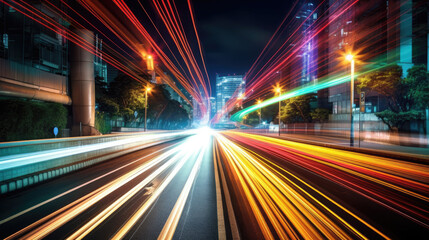 Fototapeta na wymiar Vehicle lights on the streets of a city at night. Long exposure shot. Generative AI