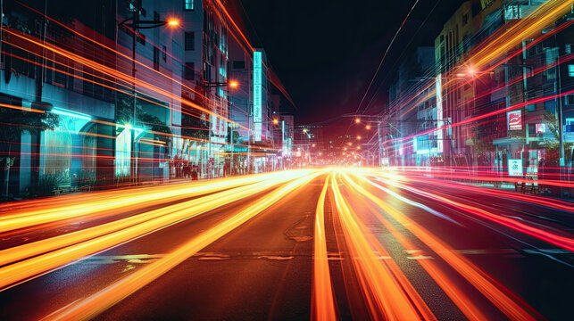 Vehicle lights on the streets of a city at night. Long exposure shot. Generative AI
