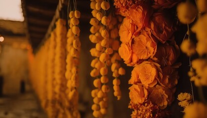 traditional marigold flower garland photography for hindu rituals decoration generative ai