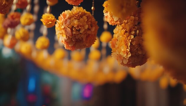 beautiful and fresh zendu flower garland photography for festive atmosphere generative ai