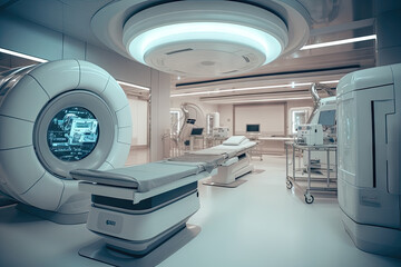 Radiology room with a patient undergoing an X-ray or MRI scan, Generative AI