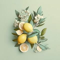 A lemons, lemons flowers and leaves against pastel green background. Top view. Generative AI.
