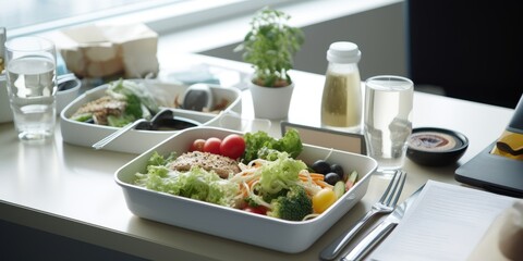 healthy food High Angle View of Office Lunch Hour with Smoothies, Fruits, and Equipment - Generative AI Illustration