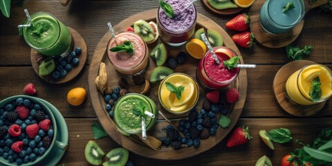 fresh fruit smoothies glasses top view with fruits on a wooden table generative ai illustration 