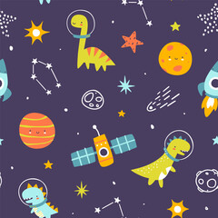 Bright space pattern with cute dino astronauts. Seamless vector cosmic print with dinosaurs for baby boys.