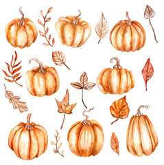 Watercolor hand drawn autumn leaves and pumpkins. Hand drawn illustration of autumn. Perfect for scrapbooking, kids design, wedding invitation, posters, greetings cards, party decoration.