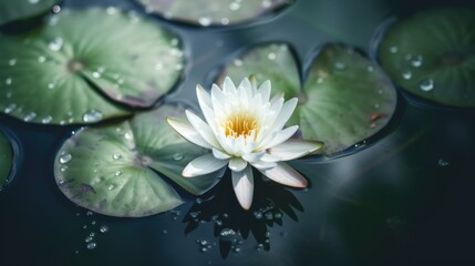 Bright white waterlily lotus flower in full bloom surrounded by green lily pads with water drops, murky dark pond water reflections - generative ai