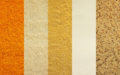 Various grain cereals banner, top view, orange lentils and white rice, couscous and semolina, brown rice