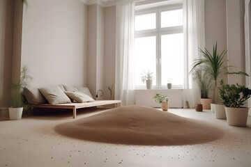 interior with a huge heap of sand in the middle of the room, ai generated image