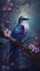 hummingbird on a branch with cherry blossoms - generative AI