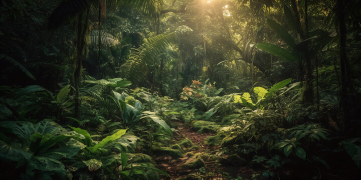 Dense mysterious jungle, rainforest in the sun, tropics full of greenery. Created using Generative AI technology.