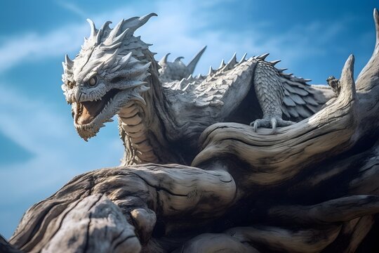 high detailed close up view of a dry wood dragon, ai tools generated image