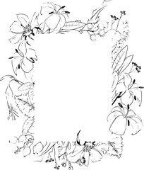 Floral wreath, botanical hand drawn frame, hand drawn floral frame with meadow flowers, herbs, branches, plants. Vector illustration in line art style, transparent background, 