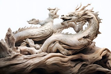Fototapeta premium dry wood dragon head close up view isolated on white, ai tools generated image