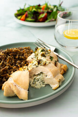 Healthy breakfasts, wild rice with chicken breast and goat cheese with greens, mix salad with...