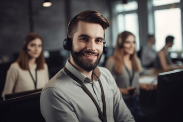 Fototapeta premium Call center operator accompanied by his team. Smiling customer support operator at work. Young employee working with a headset. Generative AI