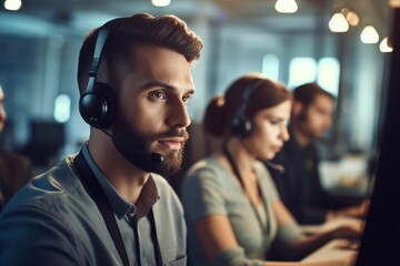 Call center operator accompanied by his team. Smiling customer support operator at work. Young employee working with a headset. Generative AI