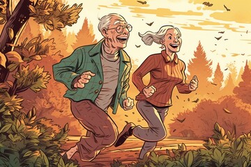 Senior couple jogging outdoors on a beautiful summer day. Generative Ai.