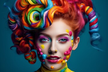 Young happy girl with colorful hair, style makeup and contemporary eye-catching resin jewelry. Generative AI