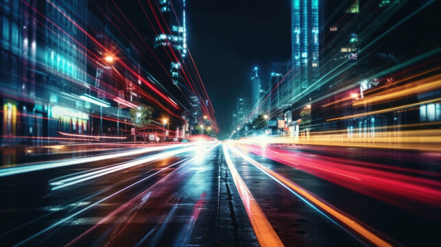 Vehicle lights on the streets of a city at night. Long exposure shot. Generative AI