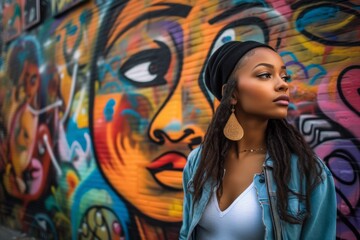 Obraz na płótnie Canvas A young woman posing in front of a colorful and artistic graffiti mural, wearing a fashionable outfit, with a sense of confidence and style. Concept of creativity and self-expression. Generative AI