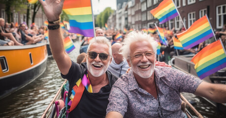 Obraz na płótnie Canvas Charismatic Generative AI Couple at LGBTQ+ Gay Pride Parade in Amsterdam. Friendship and Diversity in the LGBTQ+ Community. Amsterdam Pride Month Celebration 