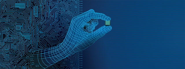 Hand comes out of a circuit board holding between his fingers a microchip. Drawing in light blue lines on a dark blue background. Image with copy space