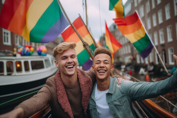 Obraz na płótnie Canvas Happy Generative AI Couple at LGBTQ+ Gay Pride Parade in Amsterdam. Friendship and Diversity in the LGBTQ+ Community. Amsterdam Pride Celebration 