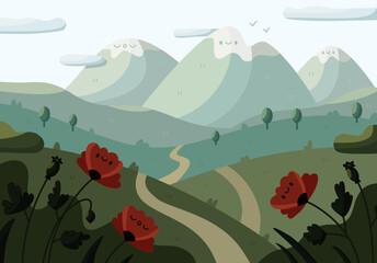 Vector cute hand drawn flat design landscape with mountains tree path forest and flowers