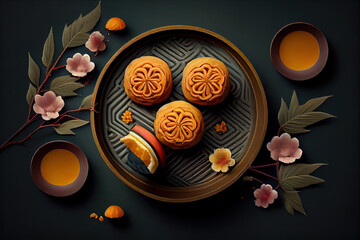 Traditional Chinese mooncakes for mid autumn festival with egg. Generative Ai