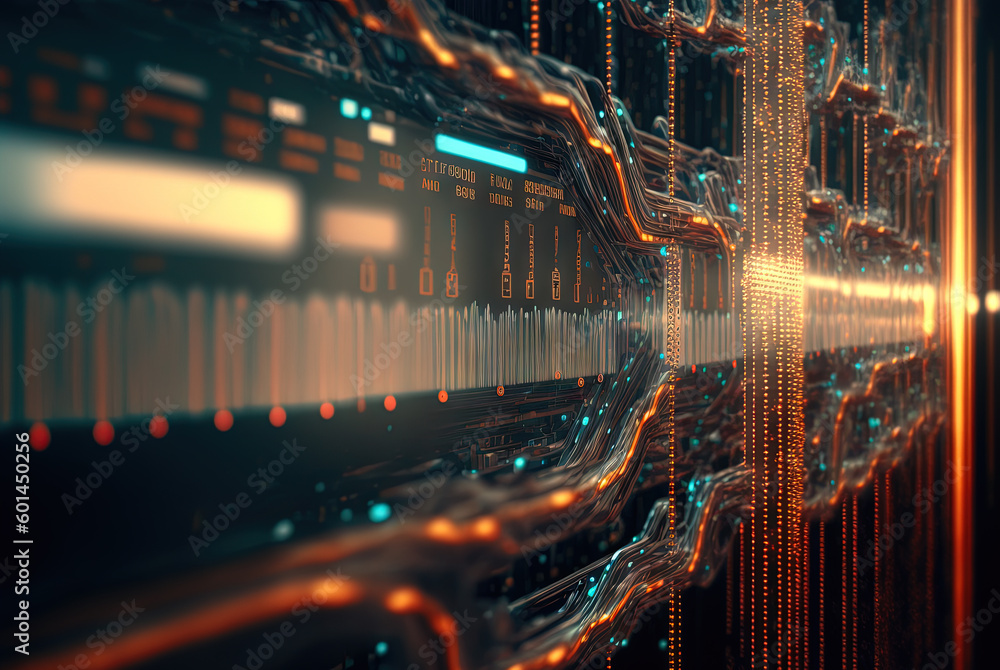 Poster Technology concept of data flow. Data collecting and sorting in digital abstraction. Generated AI. Generative AI