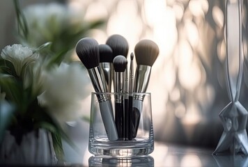 makeup brushes in glass vase on mirror, generative ai