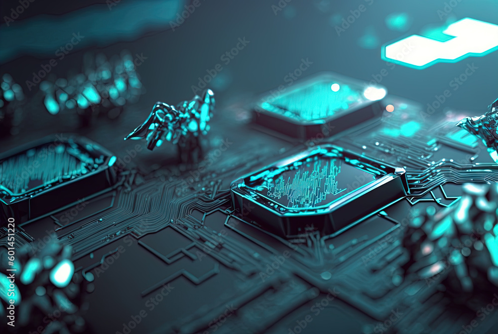Poster Abstract science and technology background with shiny connection elements and sci-fi intefrace. Tech abstraction wallpaper. Generated AI. Generative AI
