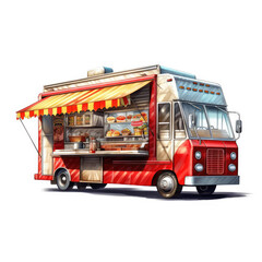 A colorful food truck for serving delicious street food, isolated on a white background, generative AI