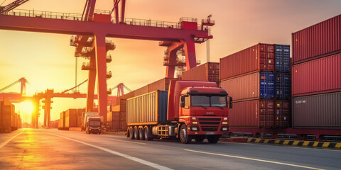 Container truck in ship port for business Logistics and transportation of Container Cargo ship and Cargo plane with working crane bridge in shipyard, logistic import export and transport industry