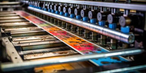 Close up of an offset printing machine during production